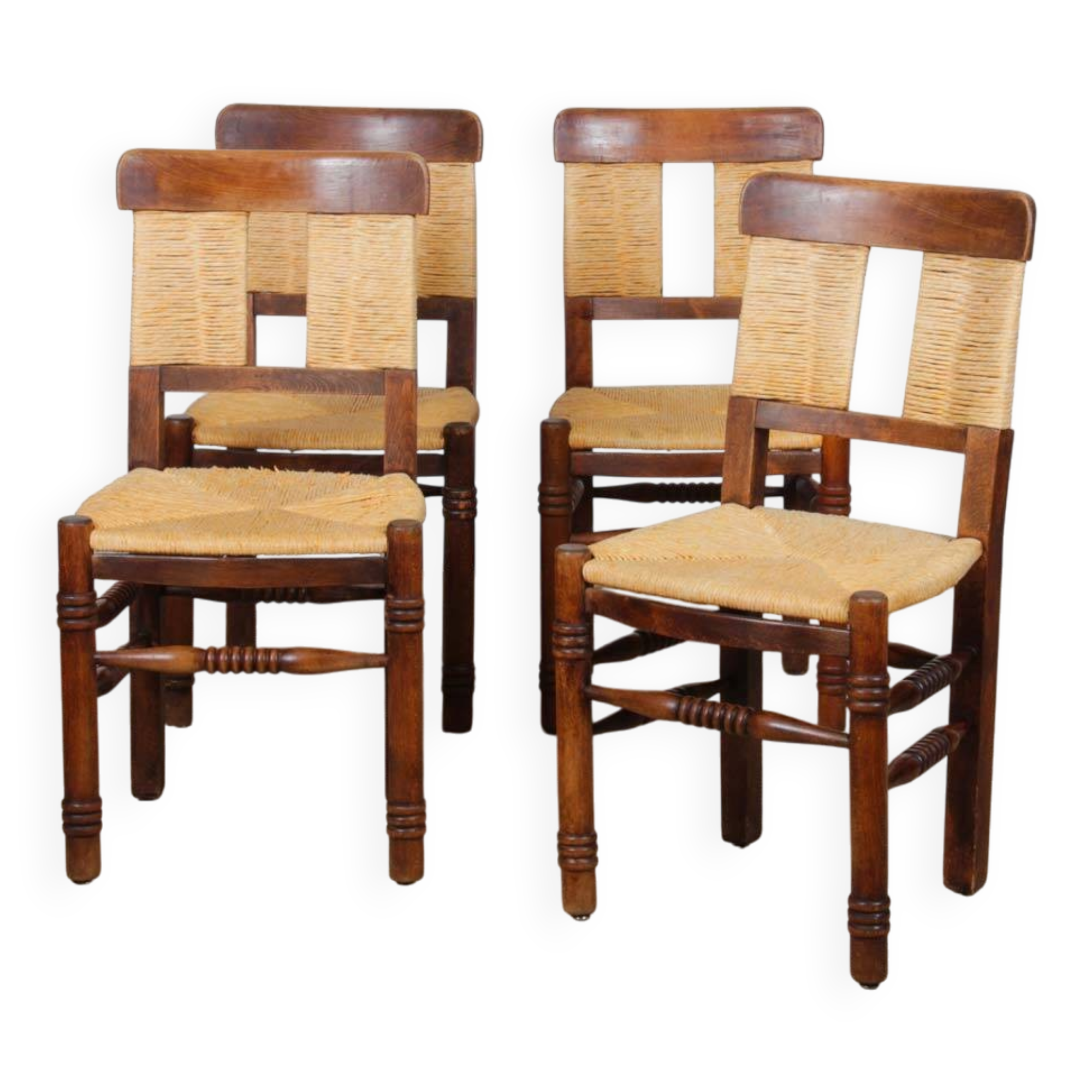 Set of 4 wooden chairs with rush seats, French work, 1940.