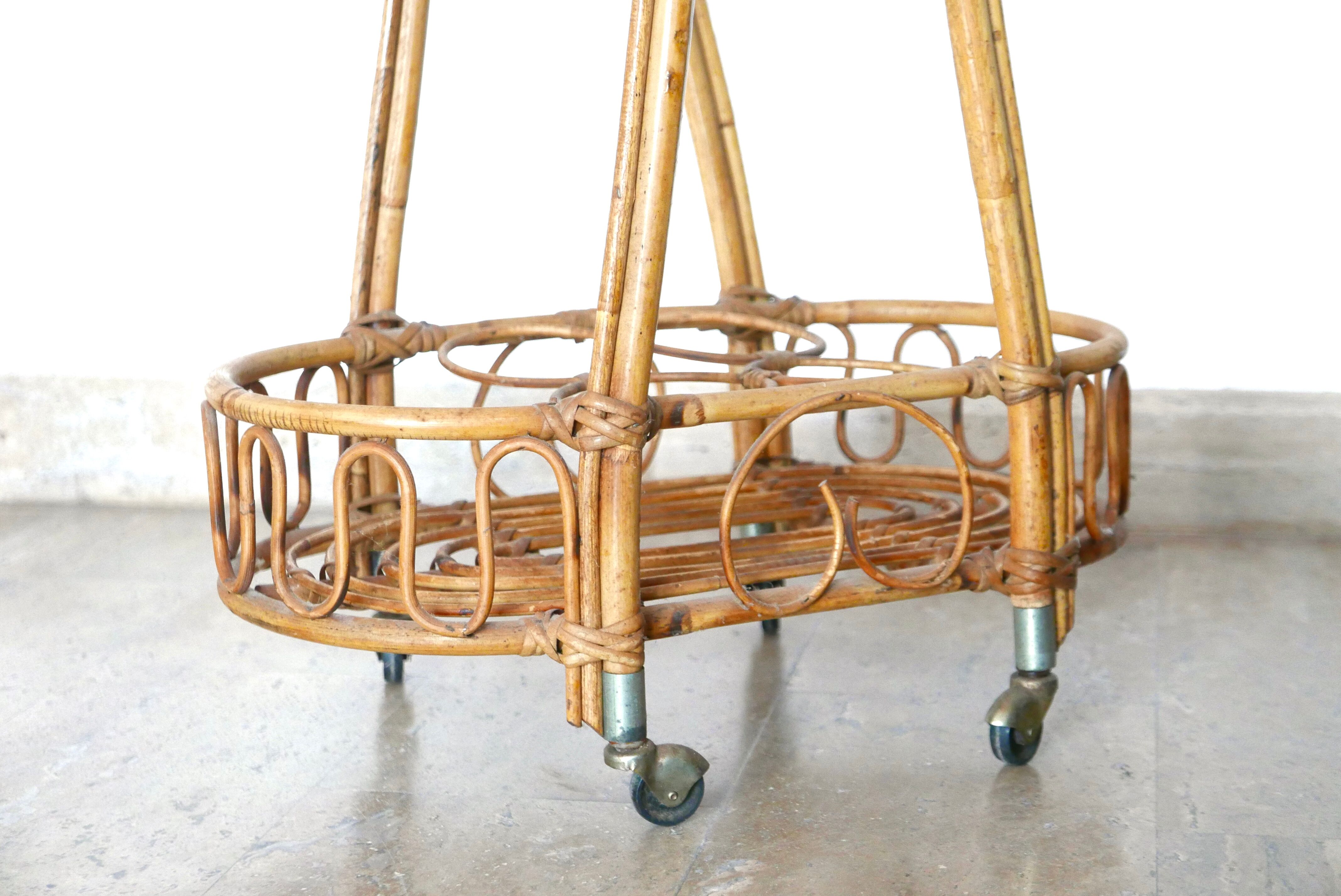Rattan and bamboo trolley on wheels, 1950s