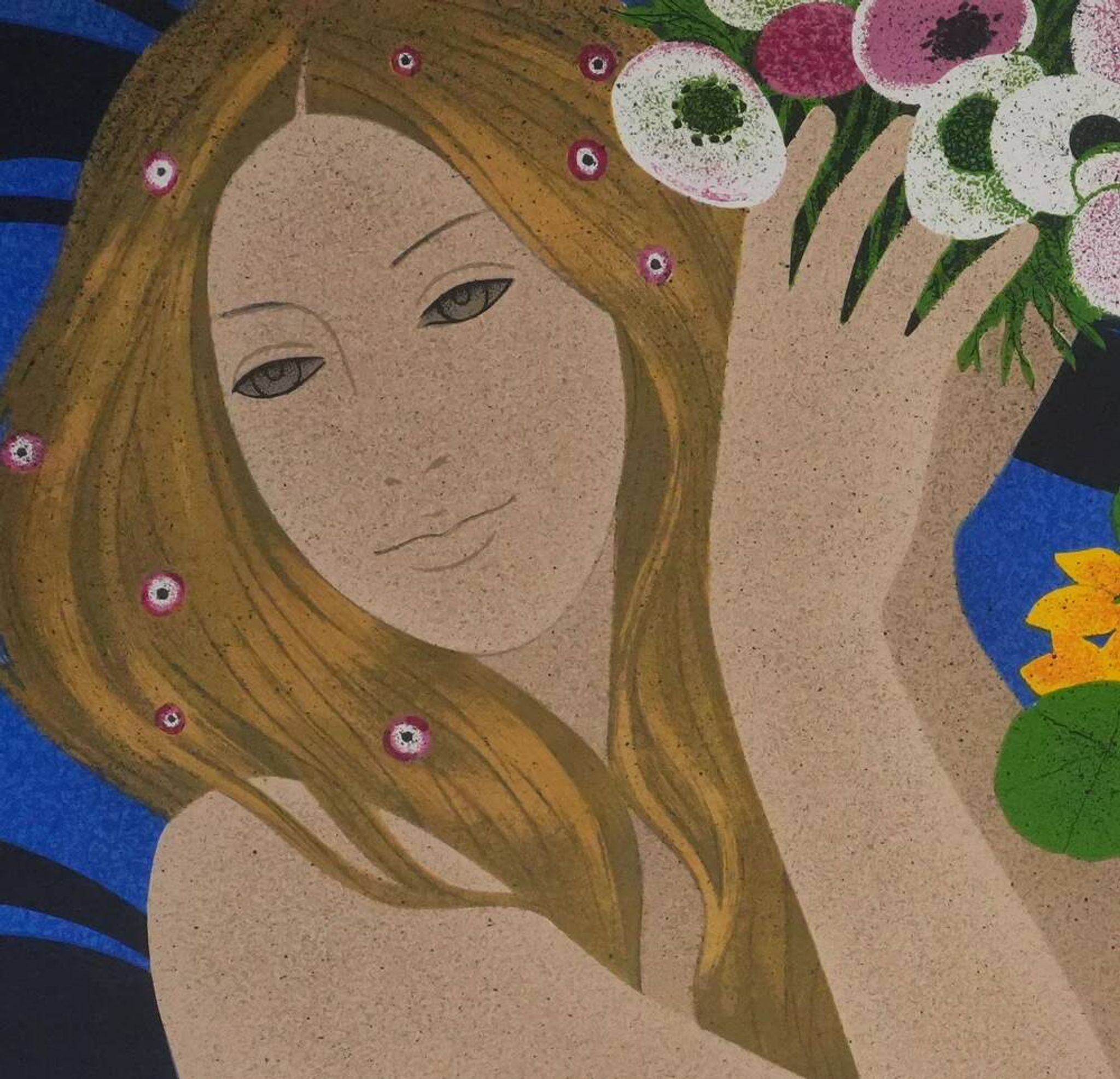 Yves Ganne: The Two Women with Bouquets, original signed lithograph