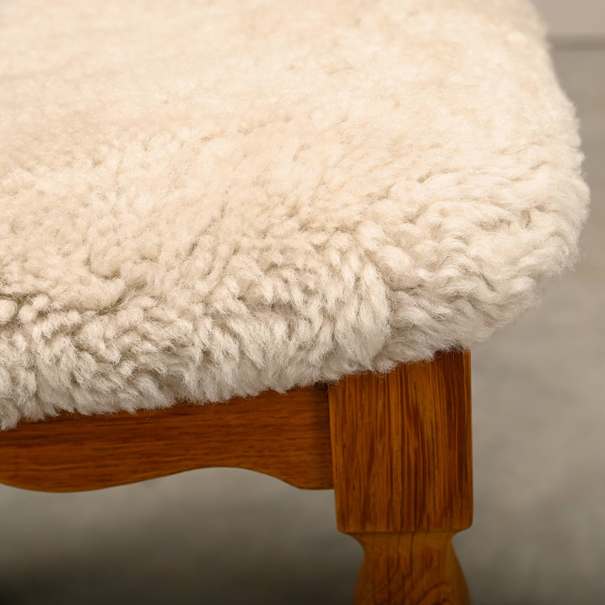 Henning Kjærnulf brutalist dining chairs set in Oak and Sheepskin, Denmark