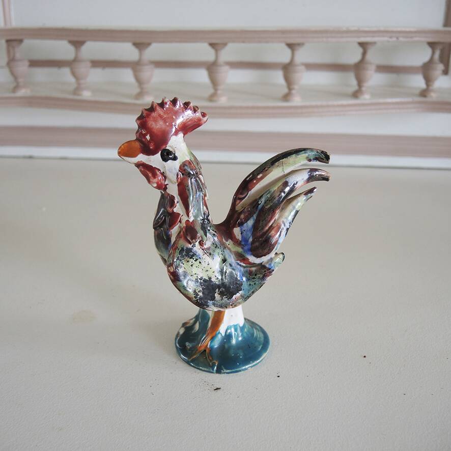Antique Rooster Figurine in Painted Barbotine