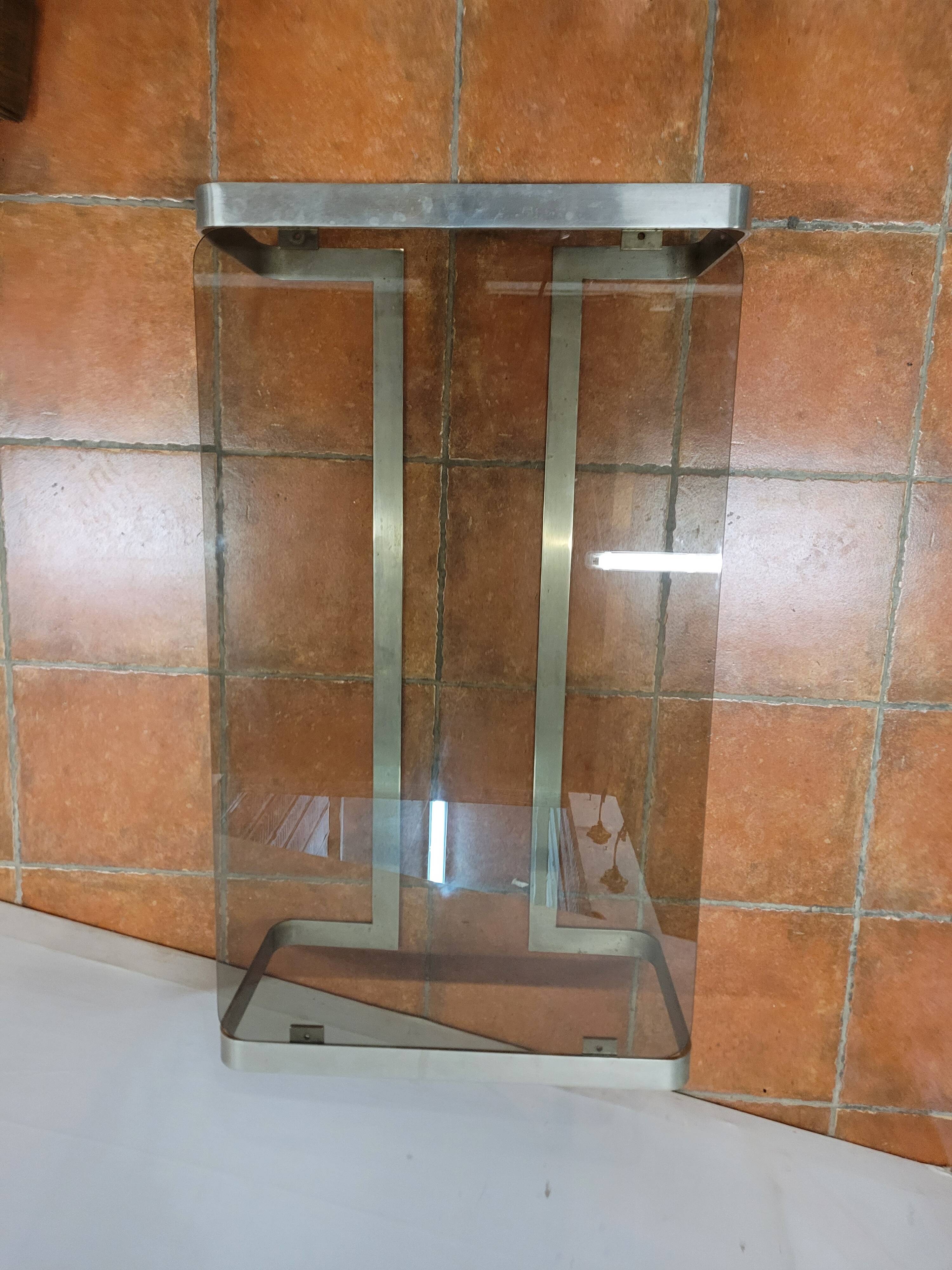Coffee table with stainless steel base and smoked glass, from the 70s