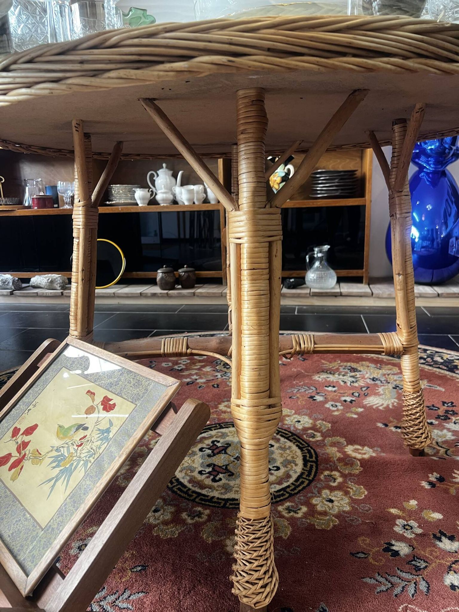 Dining table in rattan, wicker and glass 1960
