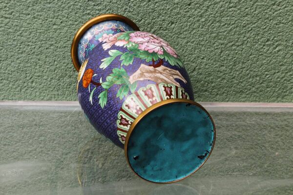 Vase en émaux cloisonnés, Chine, pivoines, oiseaux
