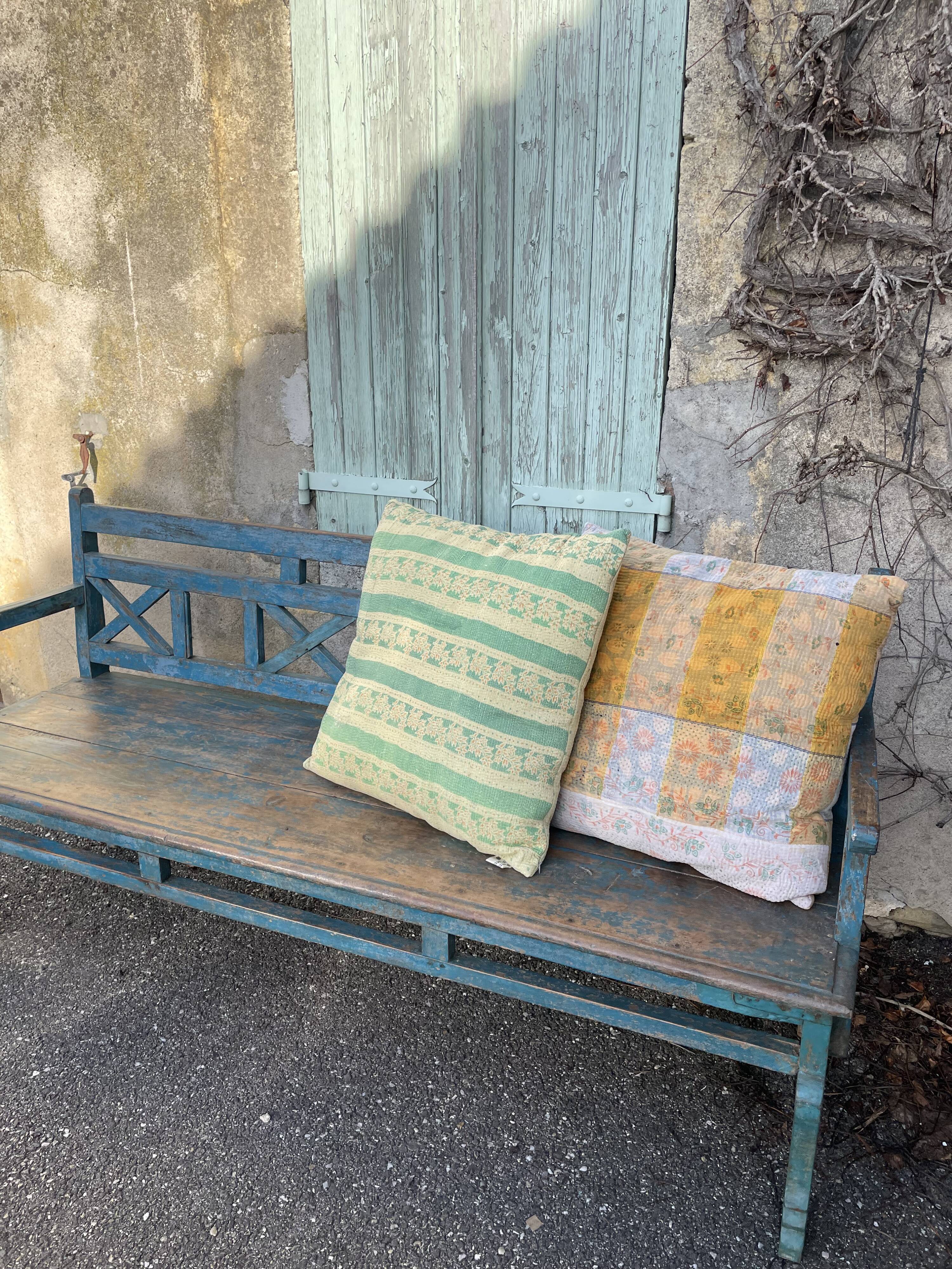Indian bench in blue lacquered teak