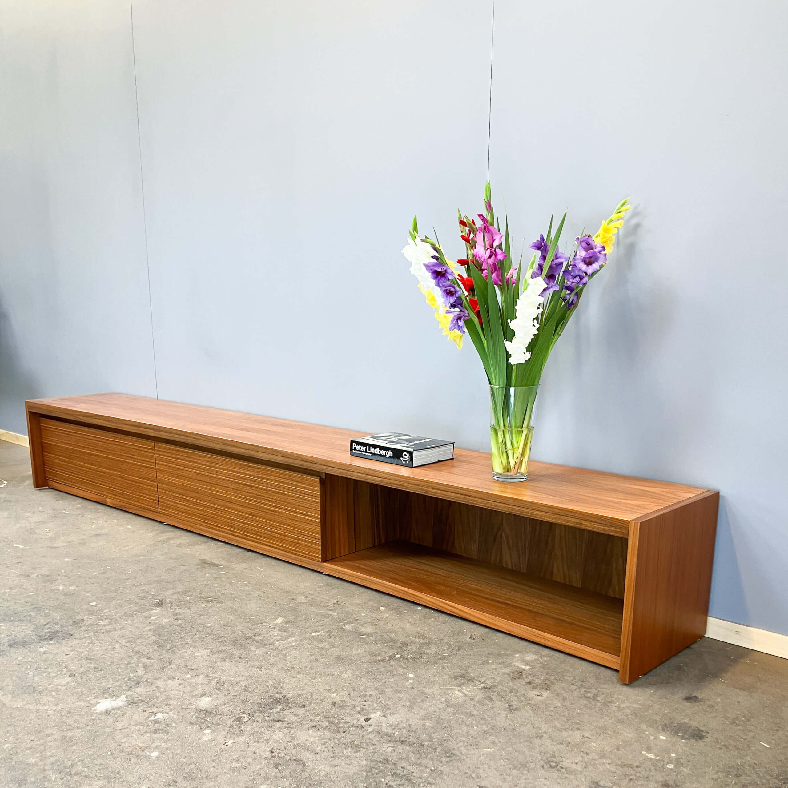 Minimalist XL lowboard, walnut and zebrano, 1960s