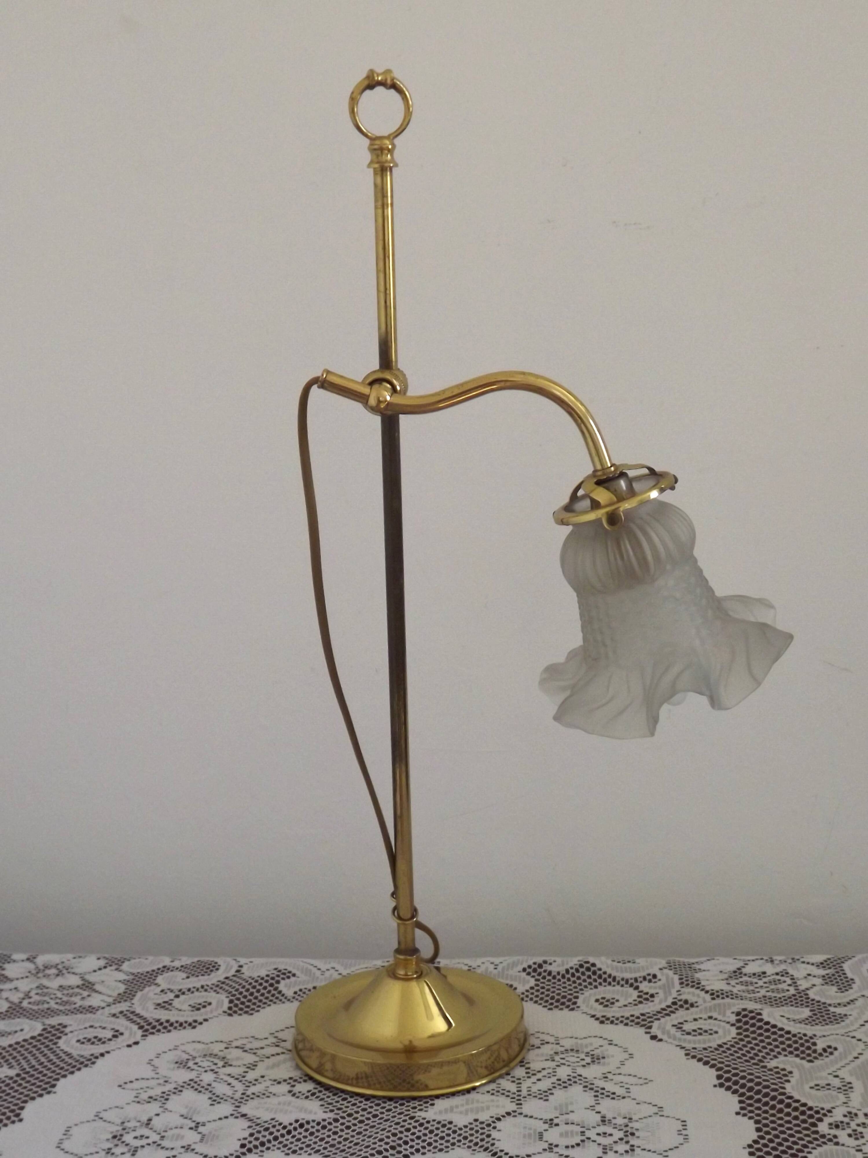 French antique brass goose neck table lamp with white opaque glass shade 5468.