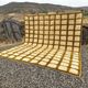 Very large Moroccan Berber rug in ecru and camel 400x300 cm with a grid pattern.