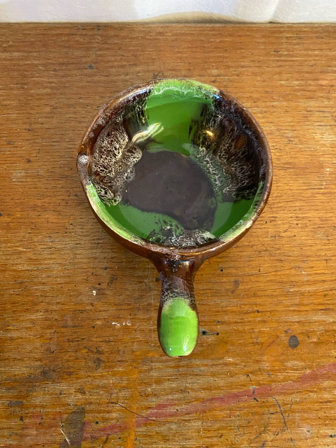 Poêlon vide poche ancien vallauris céramique verte marron caquelon vin