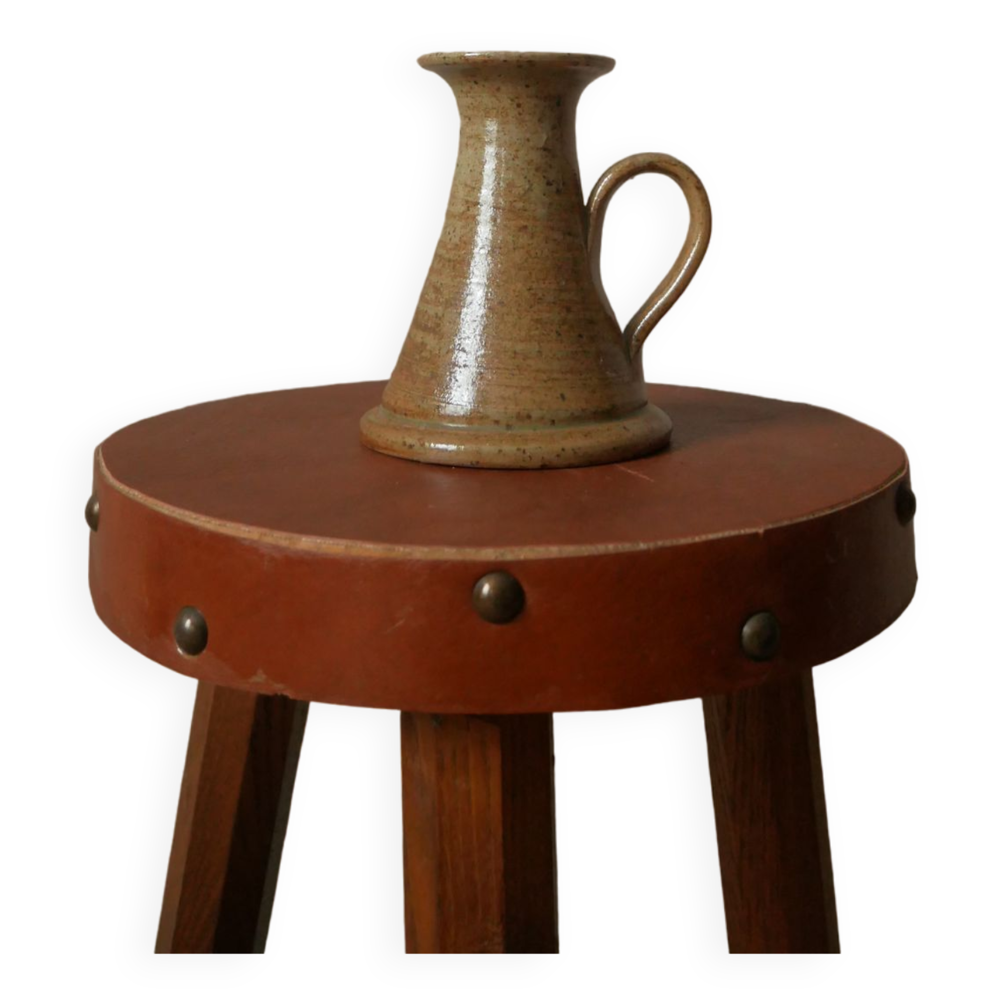 Vintage handheld stoneware candle holder, Scandinavian decorative object