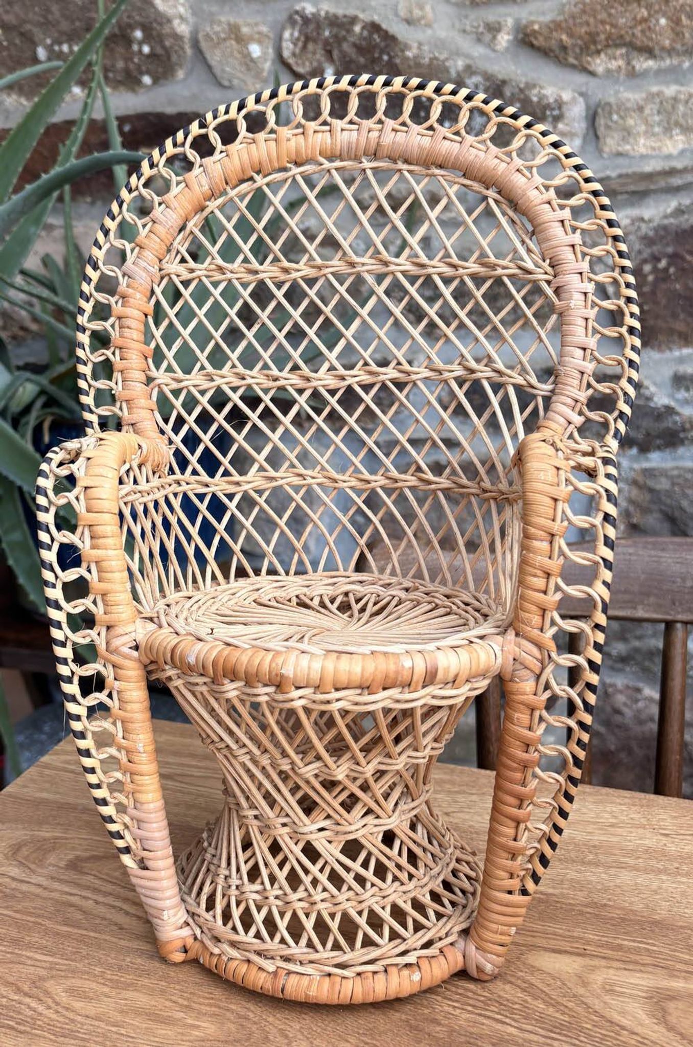 Miniature Peacock Chair Woven Rattan — Vintage Bohemian Plant Stand — 1970s