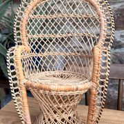 Miniature Peacock Chair Woven Rattan — Vintage Bohemian Plant Stand — 1970s