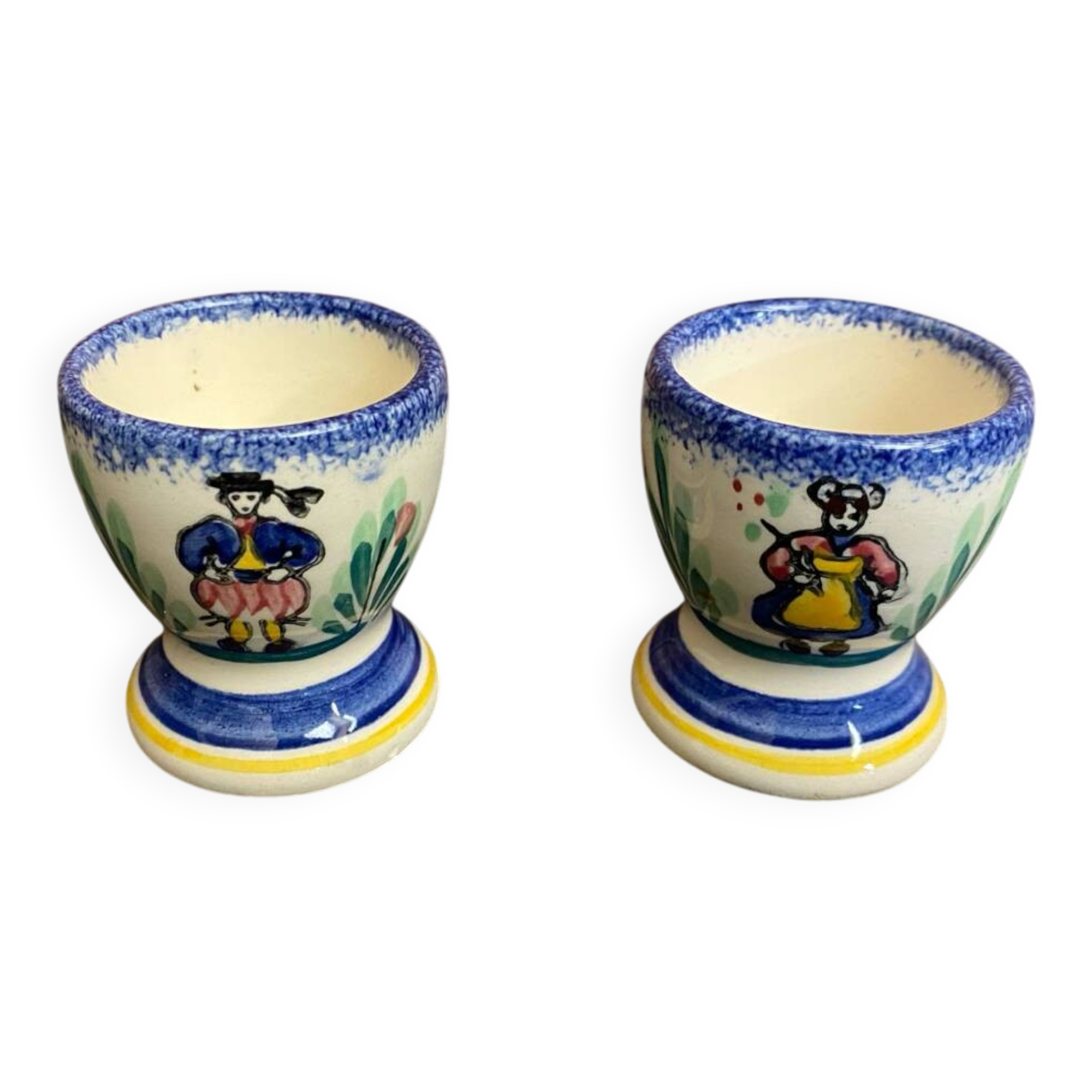 Pair of Antique Quimper Pornic Painted Ceramic Egg Cups Vintage