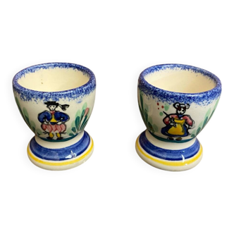 Pair of Antique Quimper Pornic Painted Ceramic Egg Cups Vintage