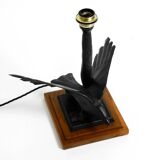 1940s table lamp made of iron in the shape of an eagle, teak wooden base