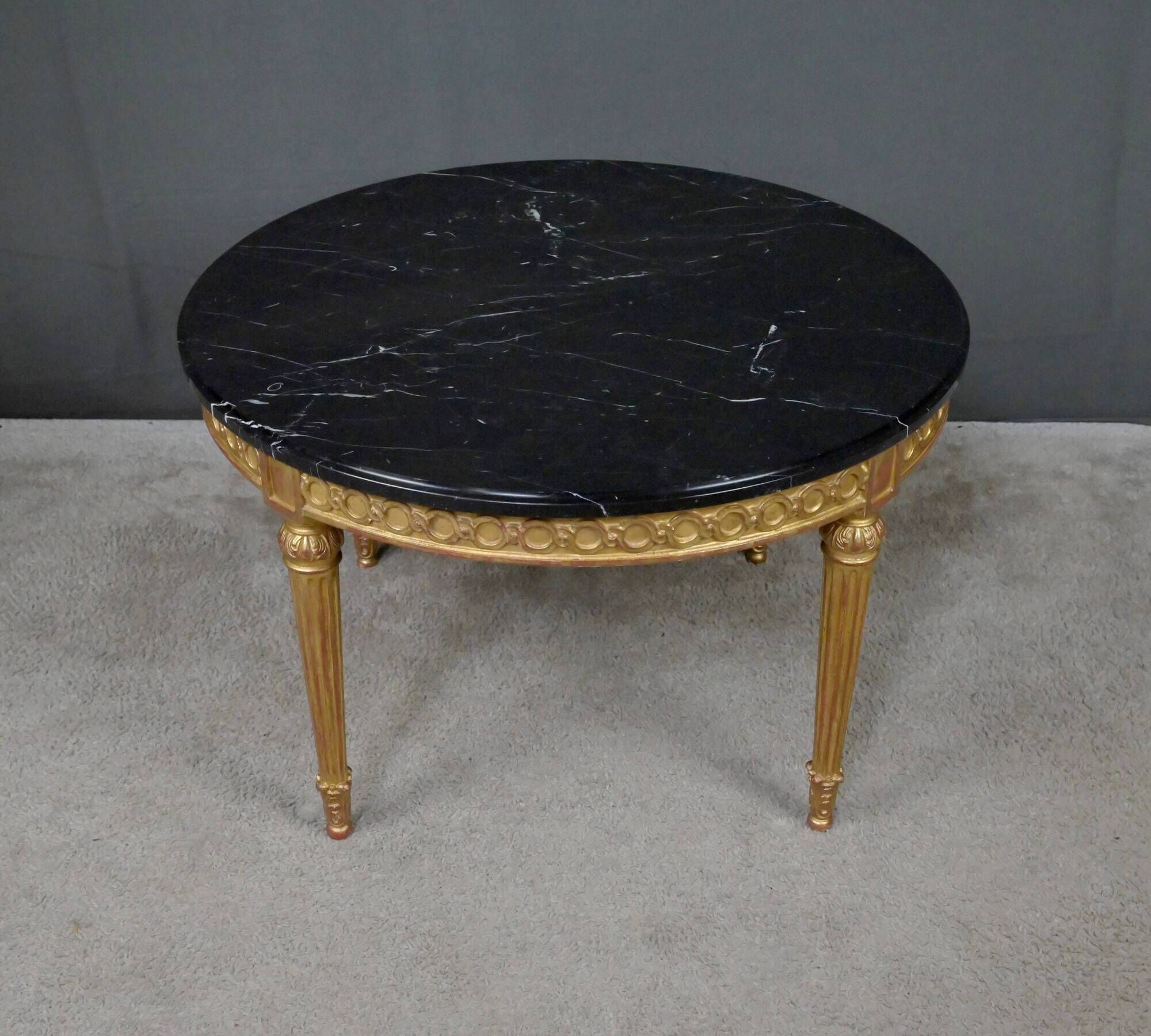 Coffee Table in Marble & Gilded Wood with Gold Leaf, Louis XVI Style – Mid 20th Century