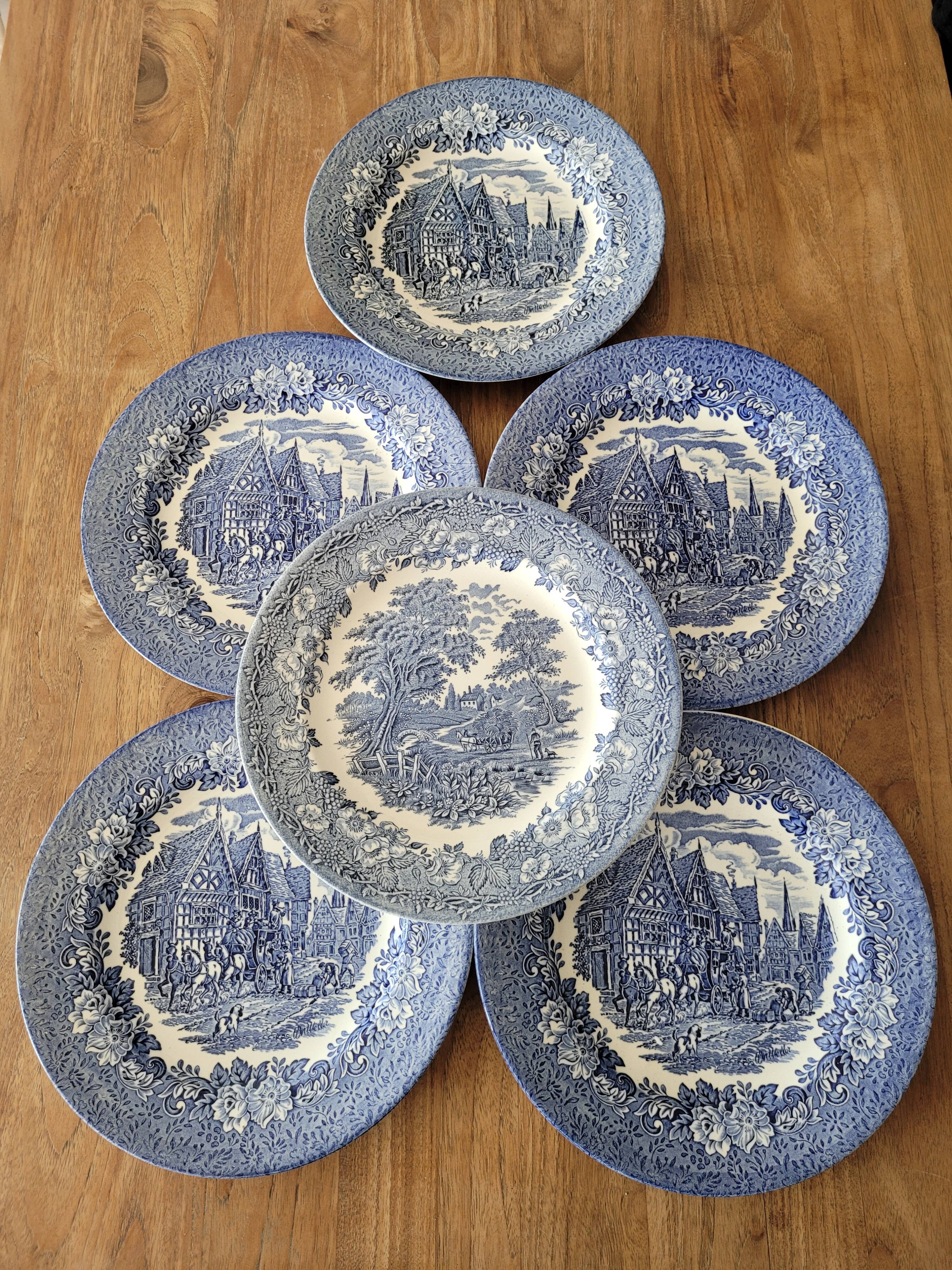 6 blue plates made in england