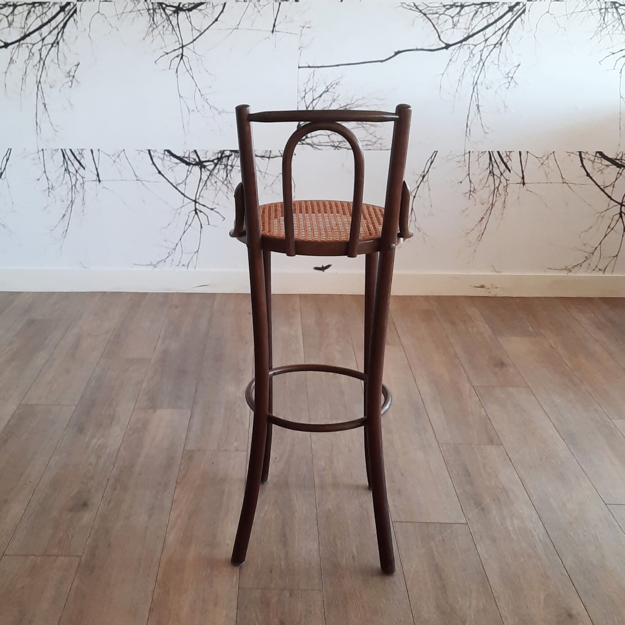 Set of 3 bentwood bar stools with rattan seats, 1970s