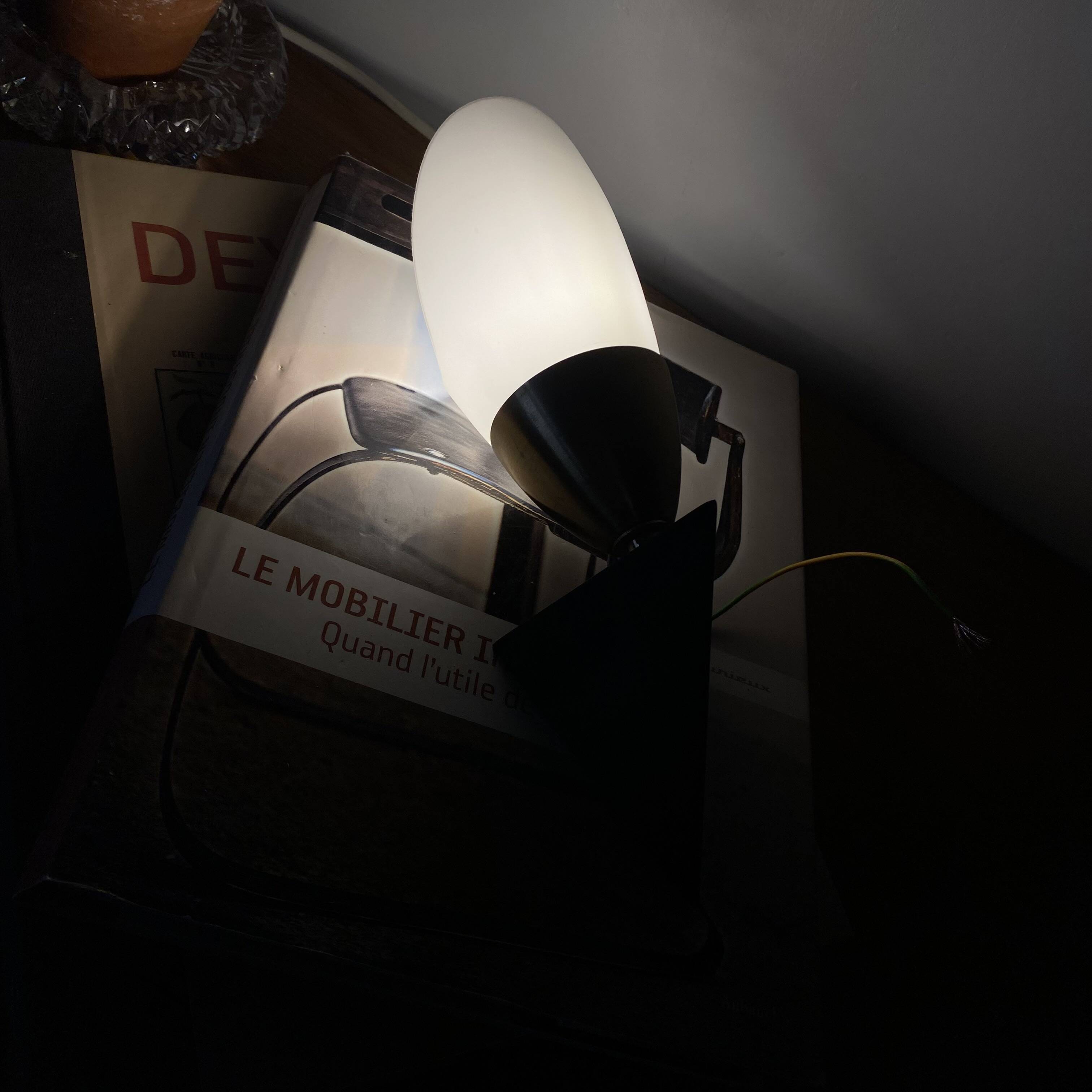 Wall lamp 1950s 1960s black metal and white opaline glass tulip