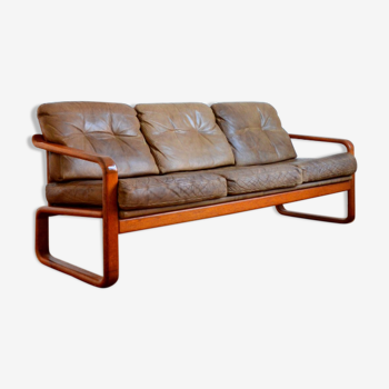 Danish teak and leather sofa by Holstebro Möbelfabrik vintage 1970s