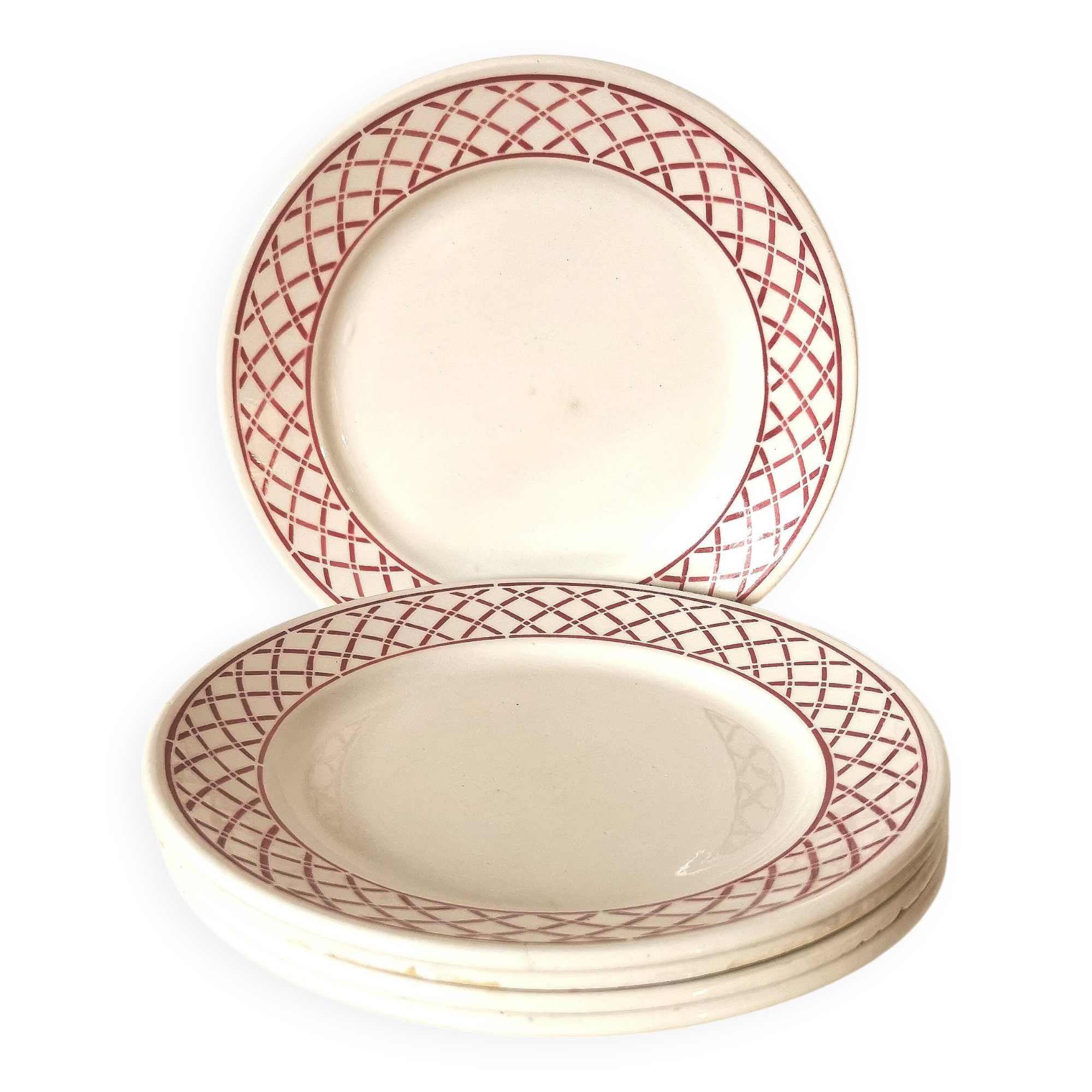 Lot de 5 assiettes à dessert Badonviller motif géométrique rouge et blanc