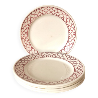 Lot de 5 assiettes à dessert Badonviller motif géométrique rouge et blanc