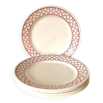 Set of 5 Badonviller dessert plates with red and white geometric pattern