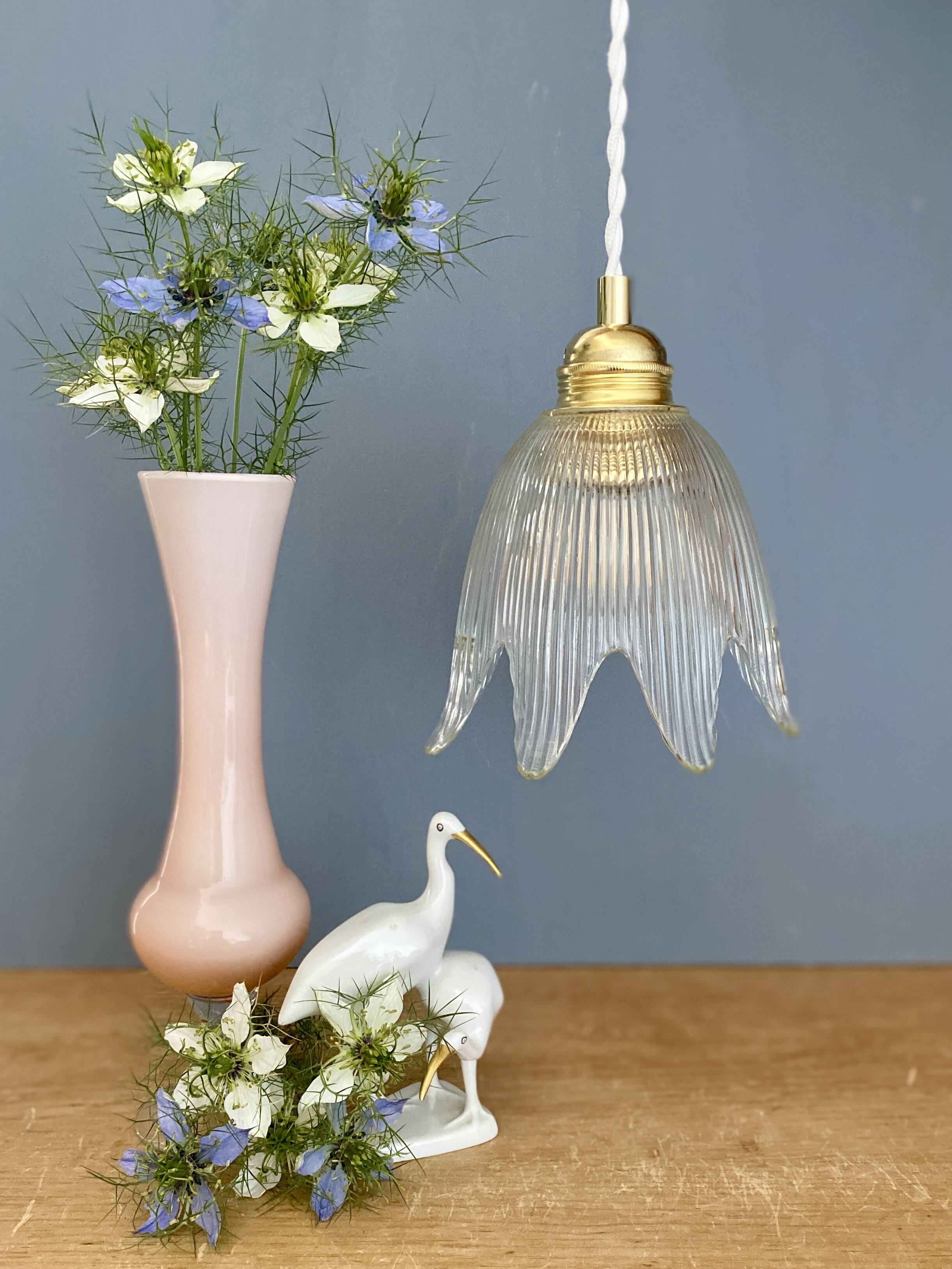 Vintage tulip flower pendant light in ribbed glass