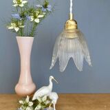 Vintage tulip flower pendant light in ribbed glass