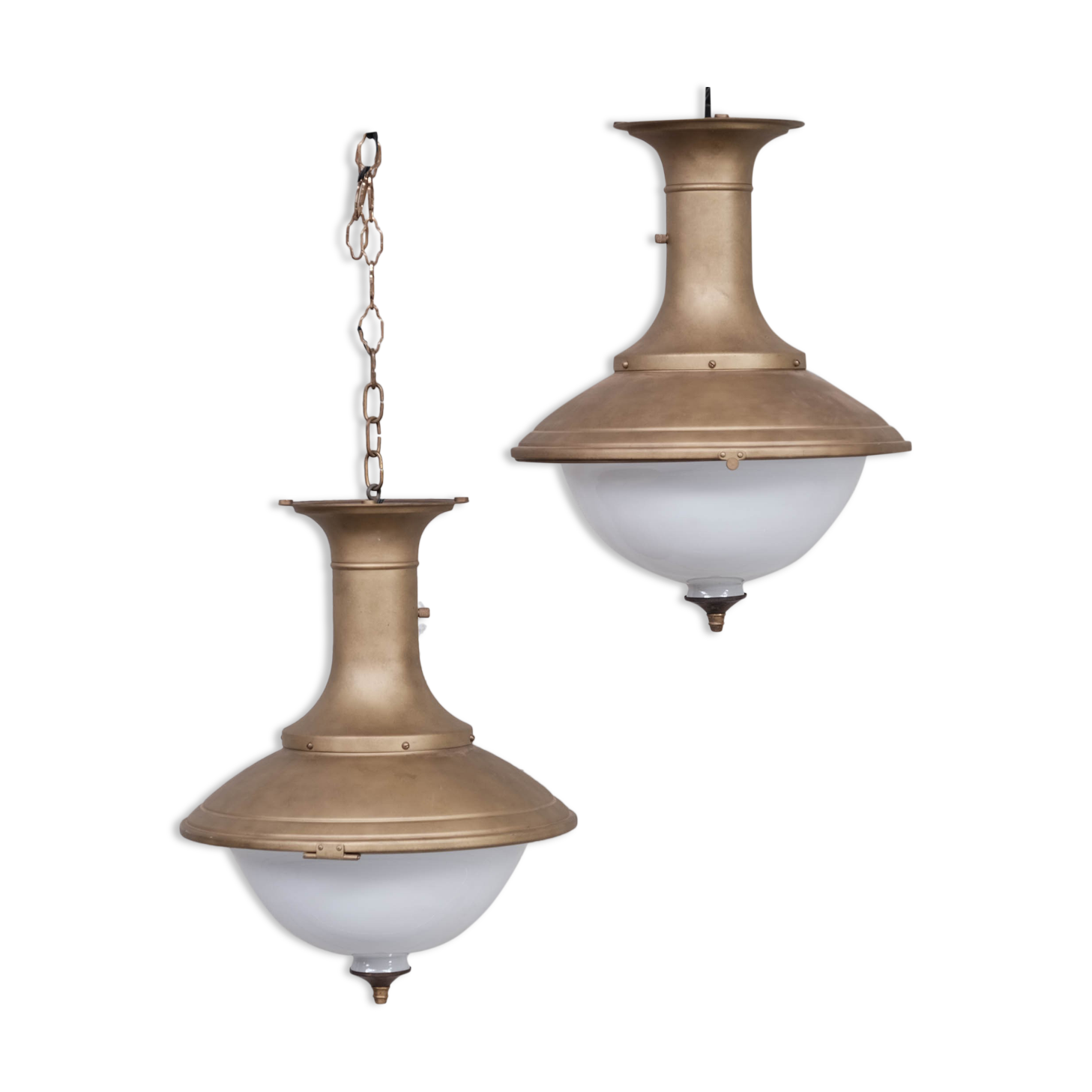 Pair of brass and opaline large pendant lights