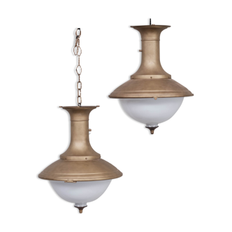 Pair of brass and opaline large pendant lights