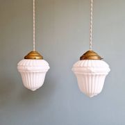 Pair of Art Deco pendant lights in pressed white opaline glass, 1920-30