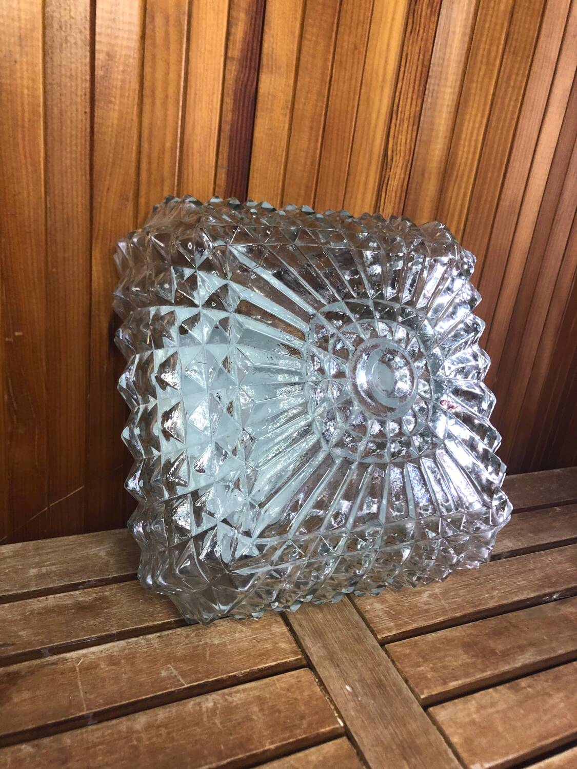 Old molded glass ceiling light + vintage black metal support