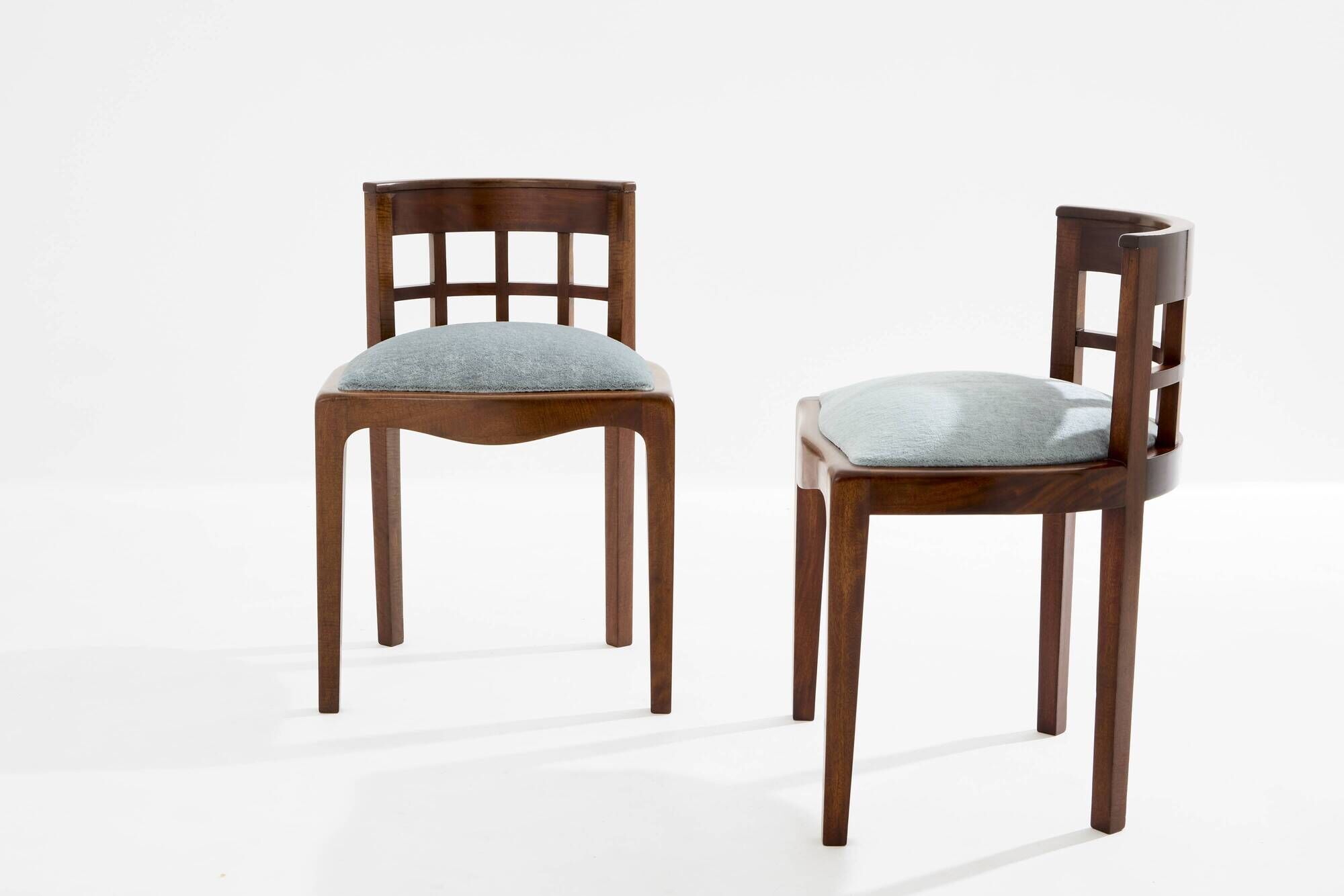Paul T. Frankl pair of wavy walnut and mohair velvet chairs 1933
