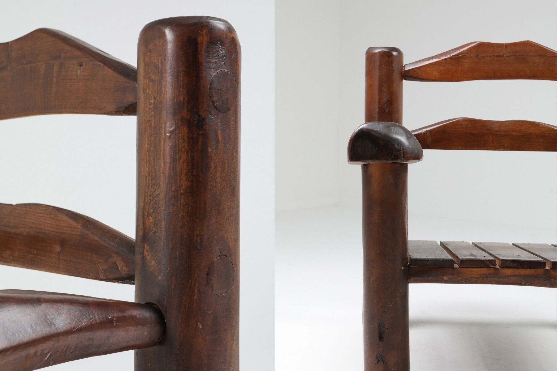 Pair of rustic wooden Wabi Sabi lounge chairs - 1950s