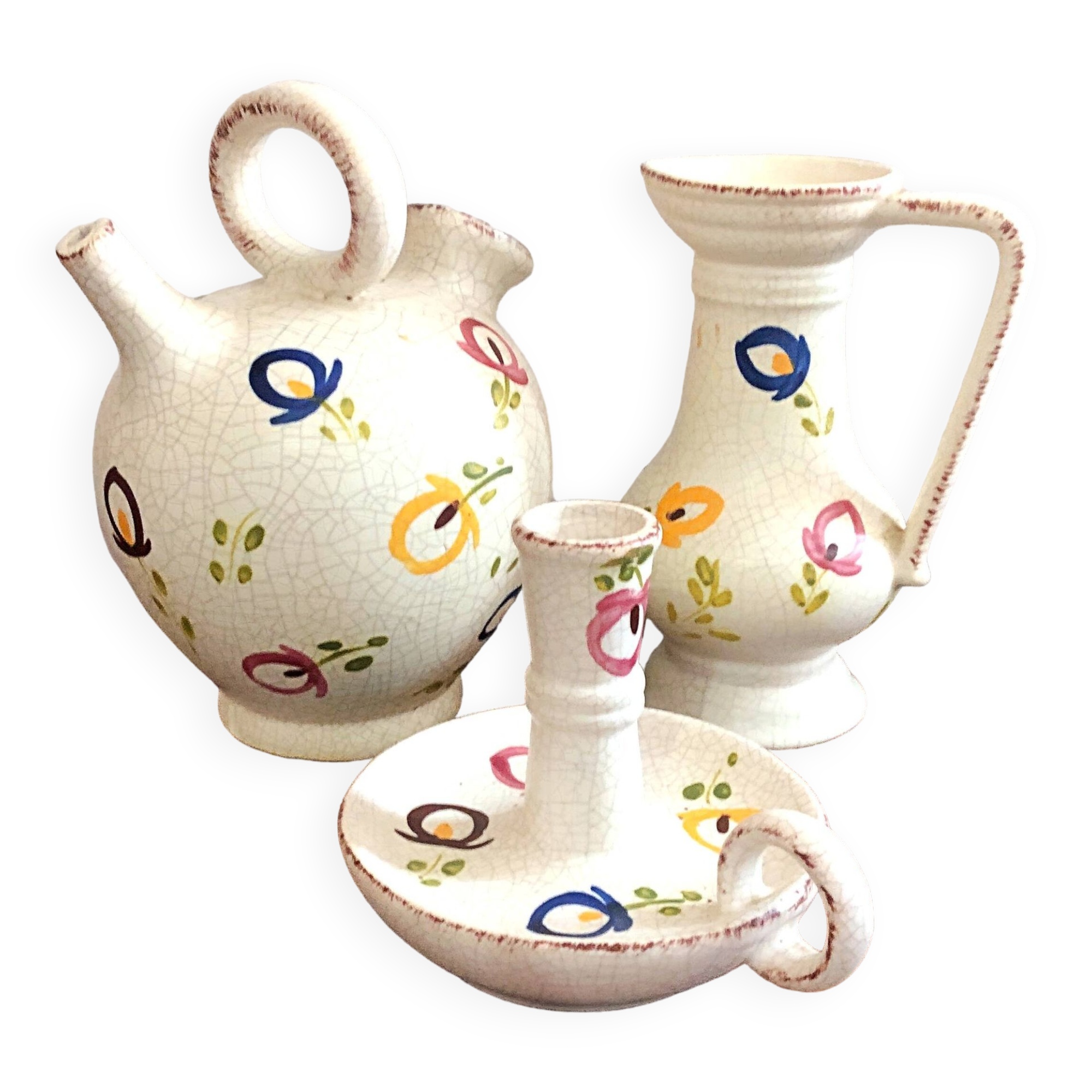 Carafe, gargoulette and candlestick artisanal pottery by Angèle de Poët-Laval