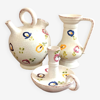 Carafe, gargoulette et bougeoir poterie artisanale d 'Angèle de Poët-Laval