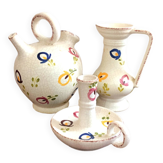 Carafe, gargoulette et bougeoir poterie artisanale d 'Angèle de Poët-Laval