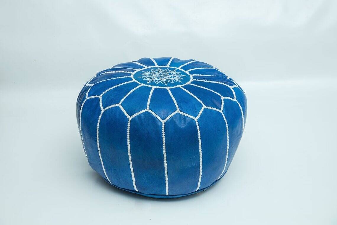 Moroccan leather pouf, Moroccan ottoman pouf, blue Moroccan pouf, Moroccan vintage, leather pouf