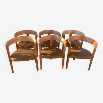 6 chaises vintage, bois massif et cuir