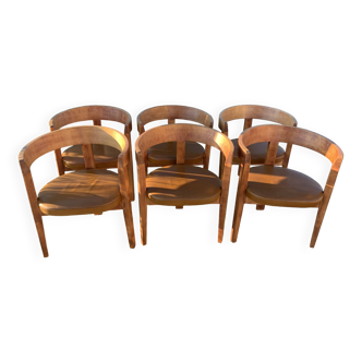 6 chaises vintage, bois massif et cuir