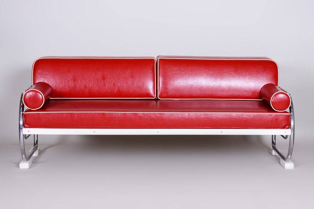 Bauhaus Sofa in Chrome-Plated Steel and Red Leather attributed to Robert Slezák, Former Czechoslovakia, 1950s