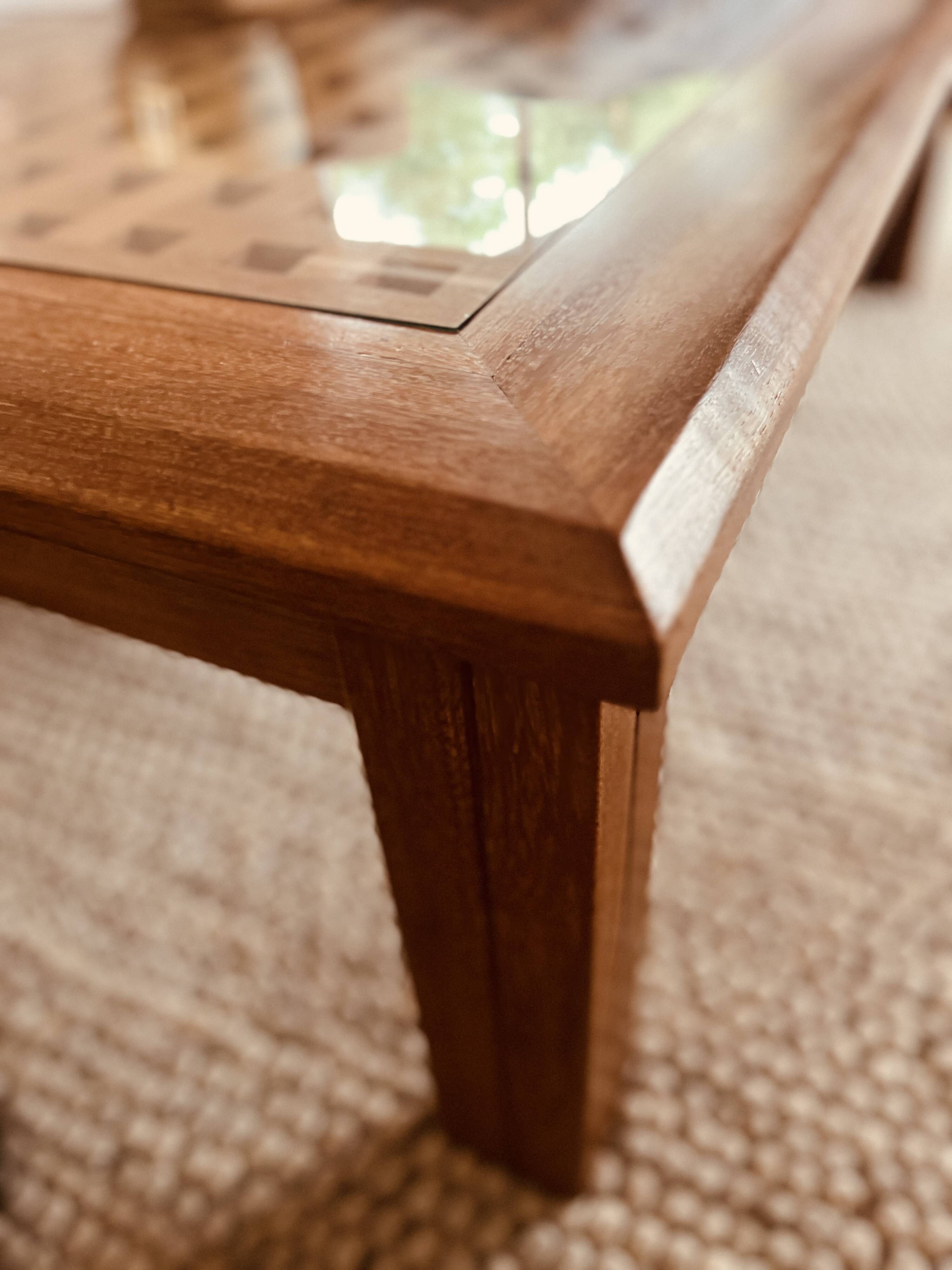 Large handcrafted coffee table in exotic wood + nesting tables.