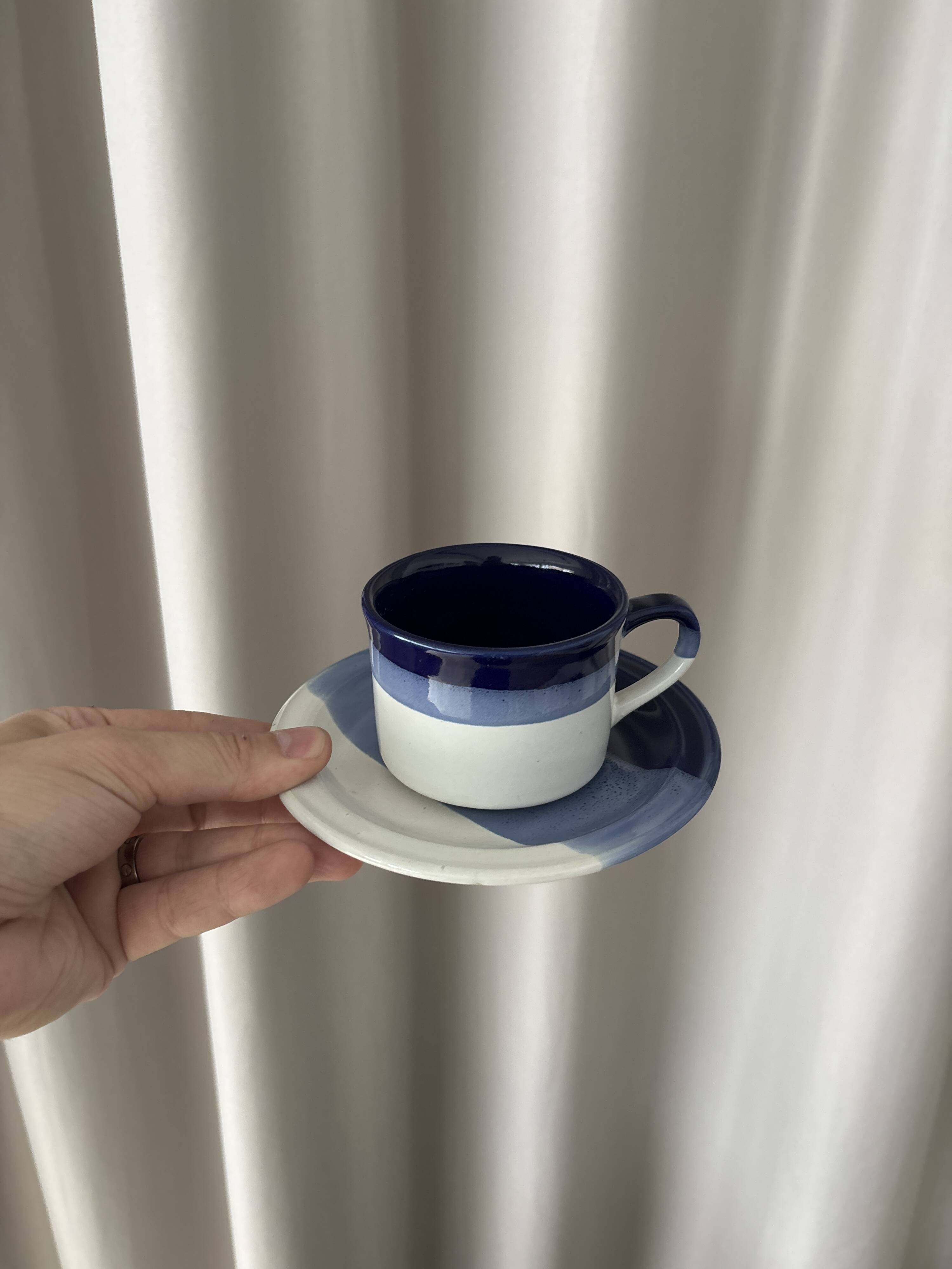 Set of 4 Vintage Studio Pottery Cups & Saucers – Hand Glazed Blue & White