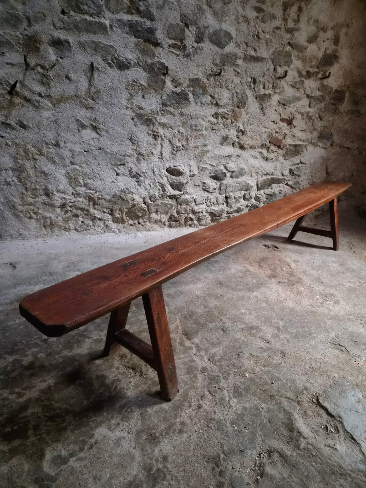Antique farmhouse bench, 266 cm – oak and pine, 19th century, France