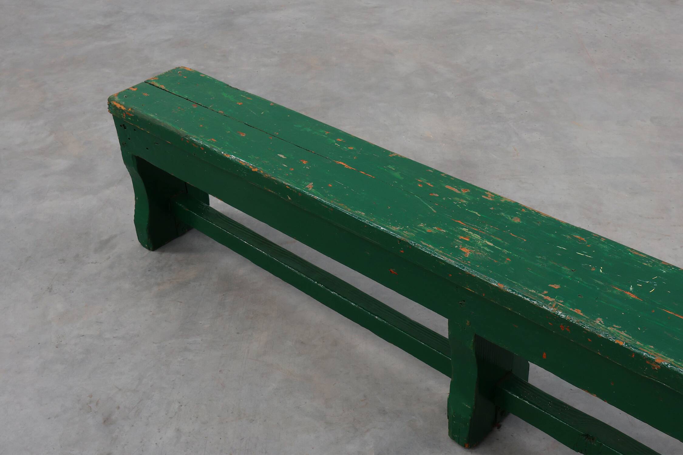Rustic primitive green farmhouse bench in solid oak, France ca. 1900