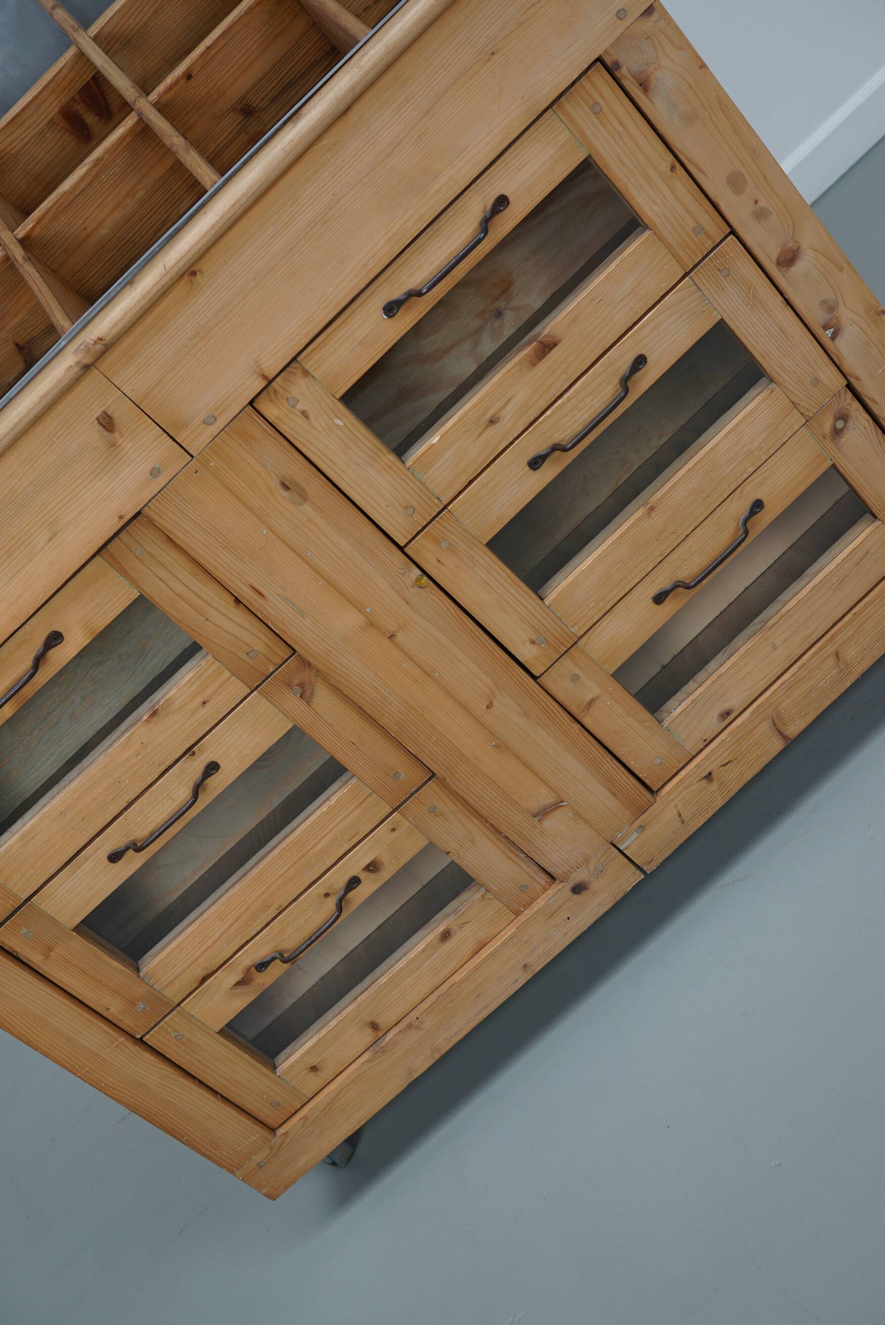 Vintage Dutch Pine Haberdashery Shop Cabinet with Glass Fronts