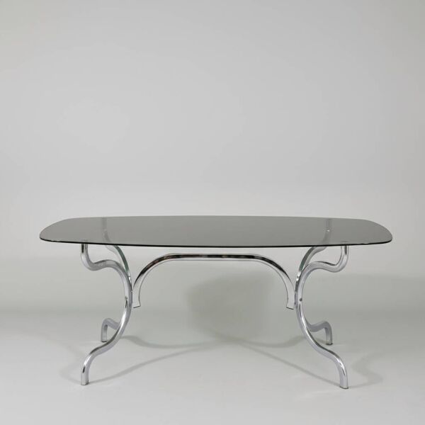 Table à manger en chrome et verre fumé - Gastone Rinaldi 1970