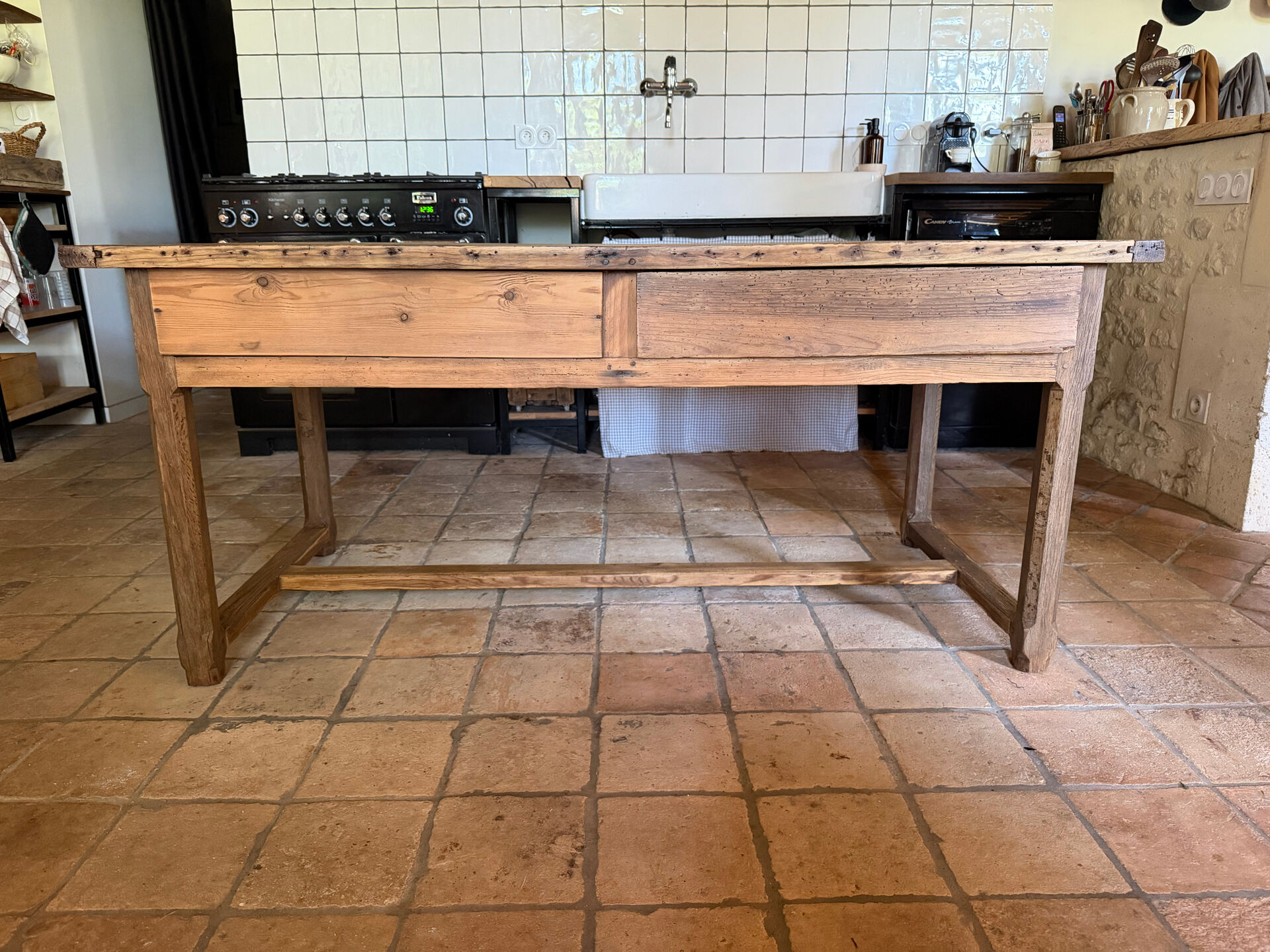 Renovated raw wood farmhouse table
