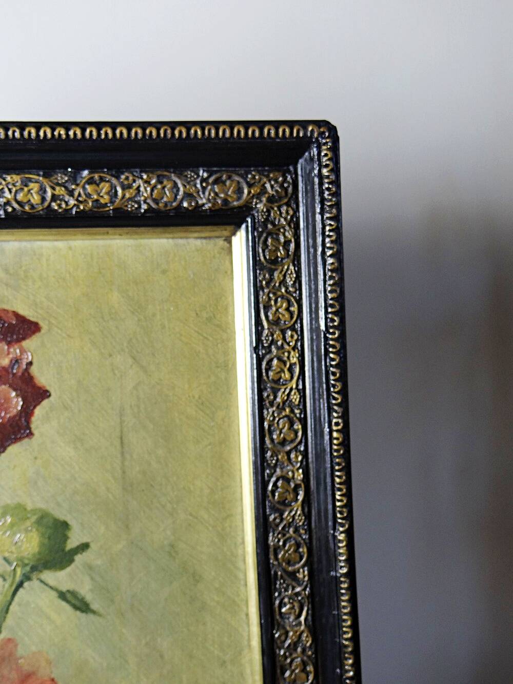 Large antique painting of peonies, signed E. Jacque, late 19th to early 20th century.